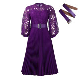 Autumn and winter elegant solid color lace hollow out pleated office dress