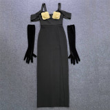 Three-dimensional Flower Strap Bandage Dress Sexy Slit Party Dress