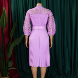 Autumn and winter elegant solid color lace hollow out pleated office dress