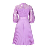 Autumn and winter elegant solid color lace hollow out pleated office dress