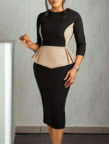 Autumn and winter elegant contrast color midi office dress