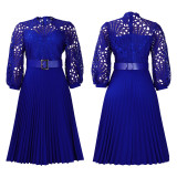 Autumn and winter elegant solid color lace hollow out pleated office dress