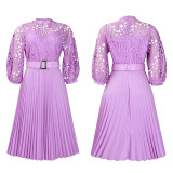 Autumn and winter elegant solid color lace hollow out pleated office dress