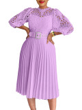 Autumn and winter elegant solid color lace hollow out pleated office dress