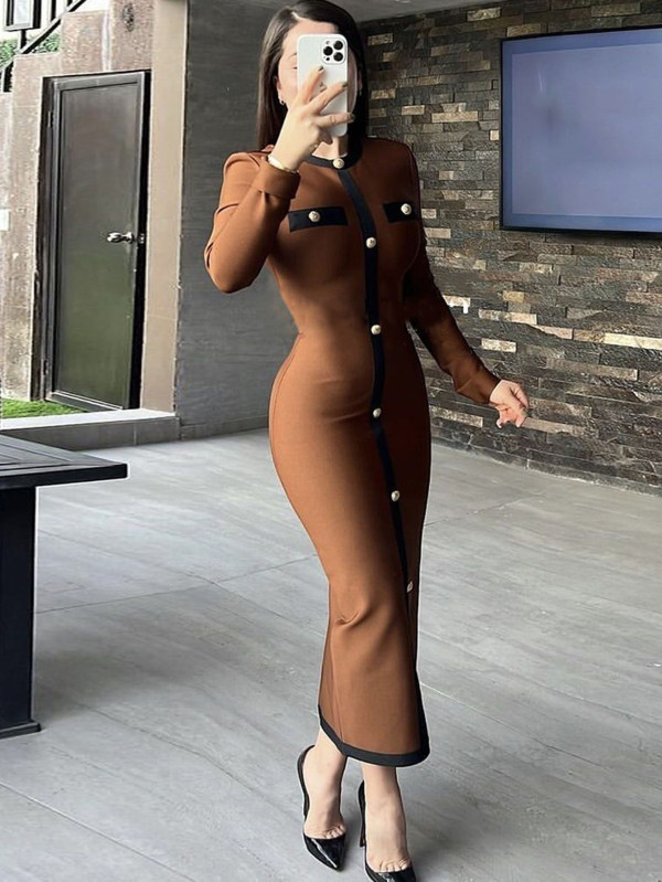 Single-breasted tight bandage dress slim retro mid-length dress