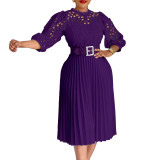 Autumn and winter elegant solid color lace hollow out pleated office dress