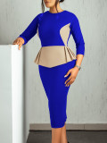 Autumn and winter elegant contrast color midi office dress