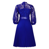 Autumn and winter elegant solid color lace hollow out pleated office dress