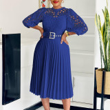 Autumn and winter elegant solid color lace hollow out pleated office dress