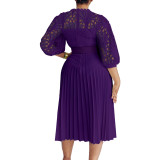 Autumn and winter elegant solid color lace hollow out pleated office dress