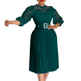 Autumn and winter elegant solid color lace hollow out pleated office dress