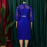Autumn and winter elegant solid color lace hollow out pleated office dress