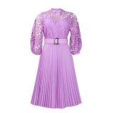 Autumn and winter elegant solid color lace hollow out pleated office dress