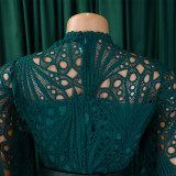 Autumn and winter elegant solid color lace hollow out pleated office dress