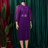 Autumn and winter elegant solid color lace hollow out pleated office dress