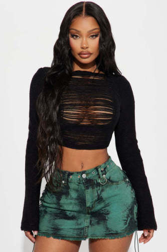 Autumn and winter sexy hollow out ripped short sweater