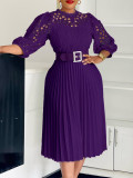 Autumn and winter elegant solid color lace hollow out pleated office dress