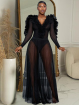Solid color mesh long sleeve maxi sheer dress