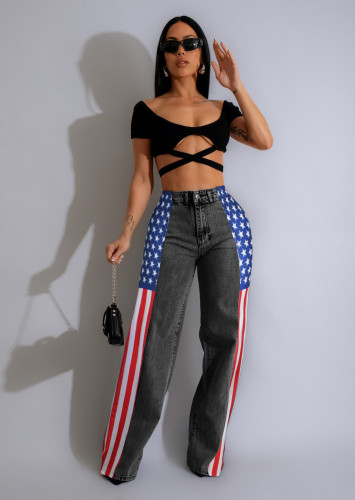 Flag Printed Stretch Wide Leg Denim Pants Women's Casual High Waist Straight Jeans