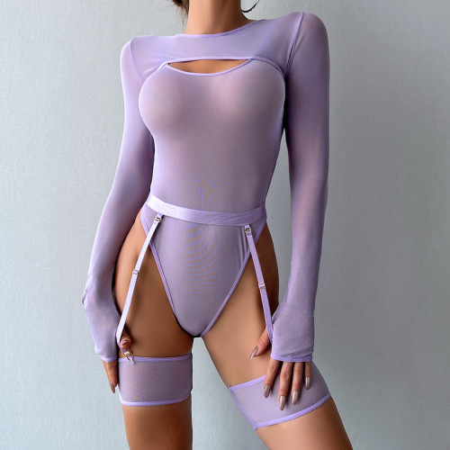 Transparent mesh long sleeve teddy lingerie three-piece set