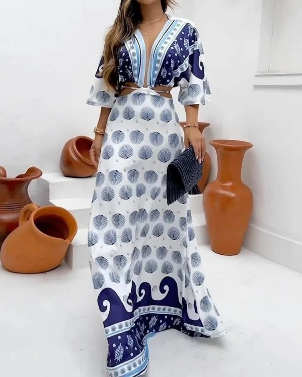 Casual Print Bohemian Hollow Out Long Maxi Dress