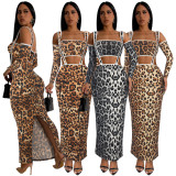 Autumn Print Sexy Slim Fit Leopard Print Two-Piece Long Sleeve Maxi Skirt Set