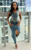 Casual stretch denim long skirt set
