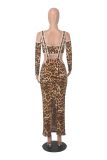 Autumn Print Sexy Slim Fit Leopard Print Two-Piece Long Sleeve Maxi Skirt Set