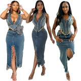 Casual stretch denim long skirt set