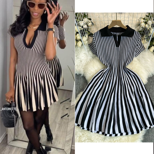 Lapel Short Sleeve Striped Knit Dress