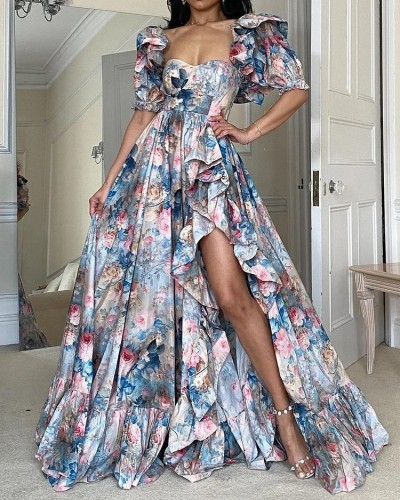 Women's Fall Elegant Floral Print Slit Long Evening Dress