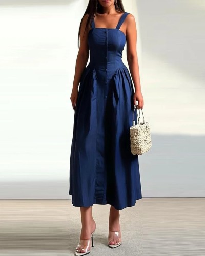 Women's autumn casual sleeveless solid color maxi dress