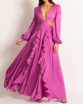 Autumn Ladies Solid Color Long Sleeves Sexy V-neck Long Maxi Dress