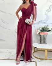Sexy One Shoulder Solid Color Chiffon Slit Evening Dress