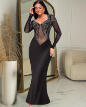 Autumn full sleeves rhinestone Slit Long Evening Gown