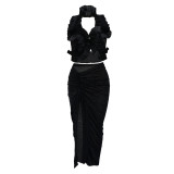 Women sleeveless slit ruffled pleated skirt set