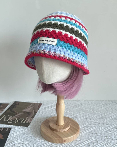 Retro colored wool hat autumn and winter warm knitted hat striped pile hat