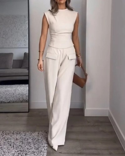 Women's autumn casual sleeveless solid color two-piece suit