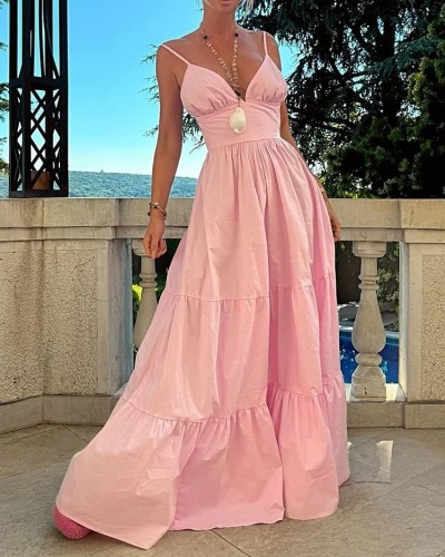 Ladies Summer Sleeveless Solid Color Backless Holiday Dress