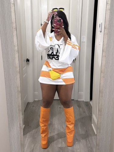 Fashion V-neck loose casual letter print contrast color street sports dress