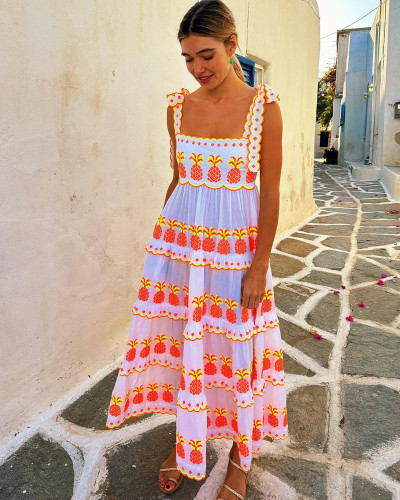 Fashionable contrasting strap print long maxi dress