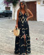 Women's printed V-neck high waist strap long dress