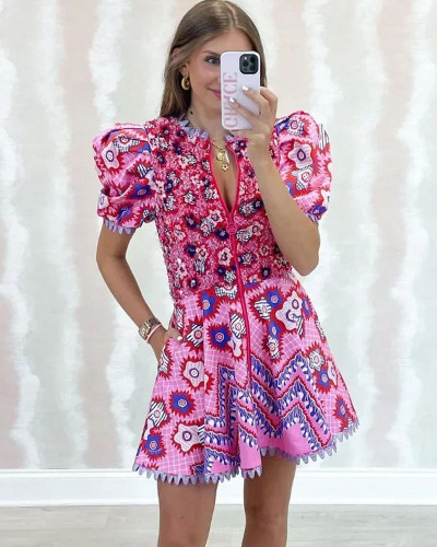 Women's Printed Round Neck Retro Puff Sleeve High Waist Zipper Dress