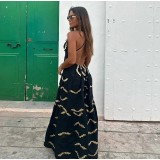Women's printed V-neck high waist strap long dress