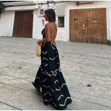 Women's printed V-neck high waist strap long dress