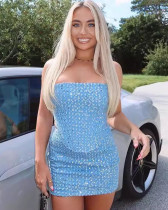 Women's denim sequined slim-fit tube top matching bottom two piece set