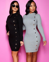 Women's autumn and winter solid color slim fit single-breasted asymmetric knitting dress