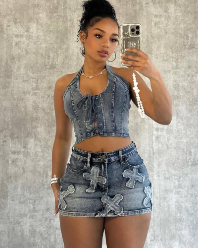 Halter neck eyelet strap washed sleeveless casual skirt set