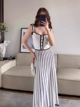 Autumn and winter retro strap striped stitching knitted midi dress