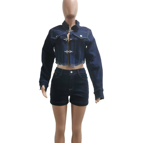 Autumn women's solid color stretch denim shorts set